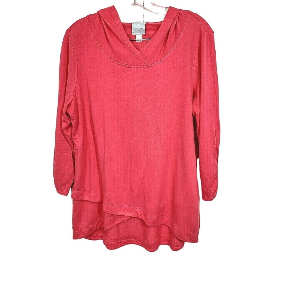 Sunday Womens Knit Hooded Top Coral Asymmetrical Hem Ruched Shirt Size Large
